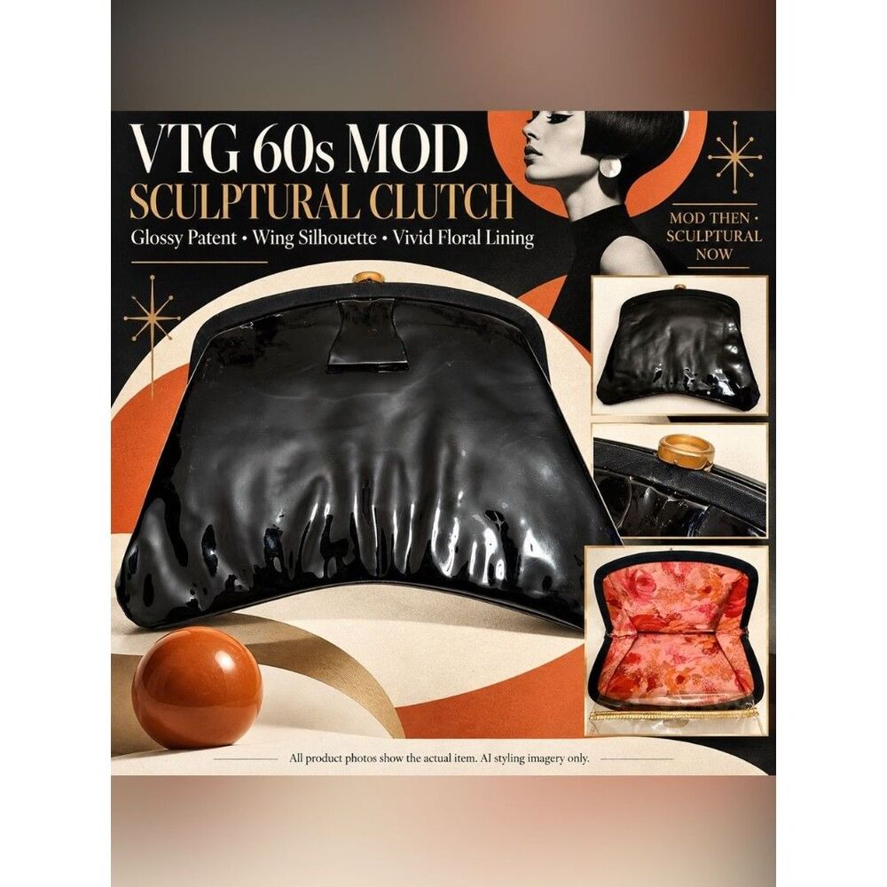 VTG 60s Black Patent Vinyl Sculptural Clutch Mod Wing Shape Evening Bag MCM EUC